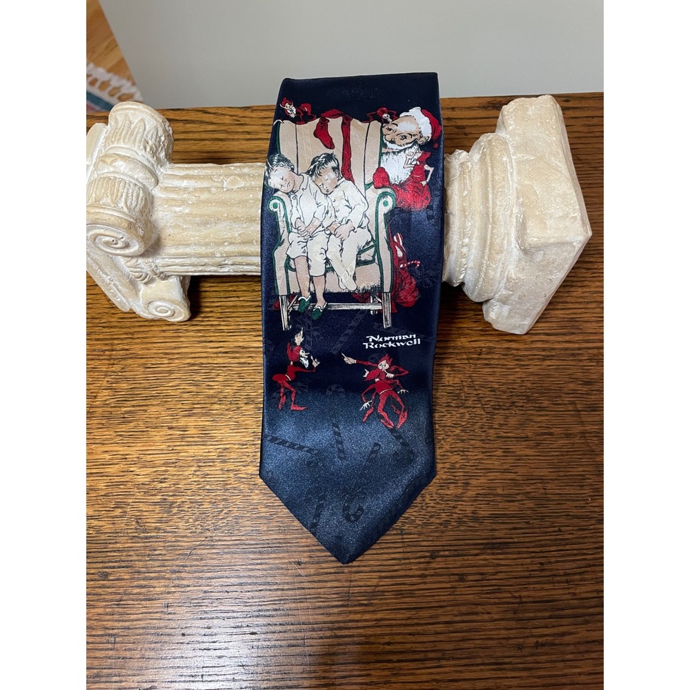 Hallmark Norman Rockwell Christmas Holiday Scene Santa Kids Navy Silk Men's Tie